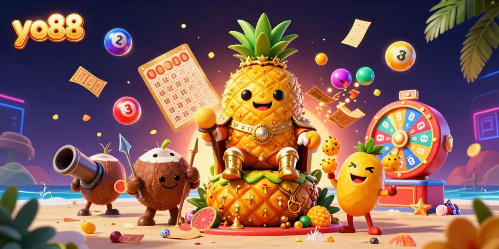 Experience thrilling games at yo88 with a vibrant beach casino scene featuring dynamic characters and energetic elements.
