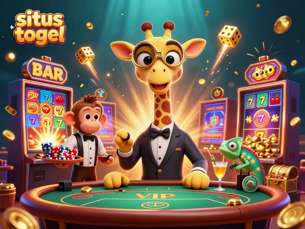 Engage with the vibrant world of situs togel in this dynamic 3D scene with characters and gambling elements.