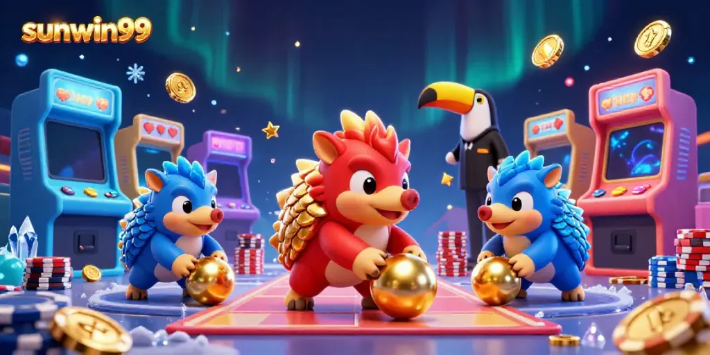 Experience thrilling gameplay with sunwin99 featuring pangolins and vibrant gaming elements amidst sparkling visuals.
