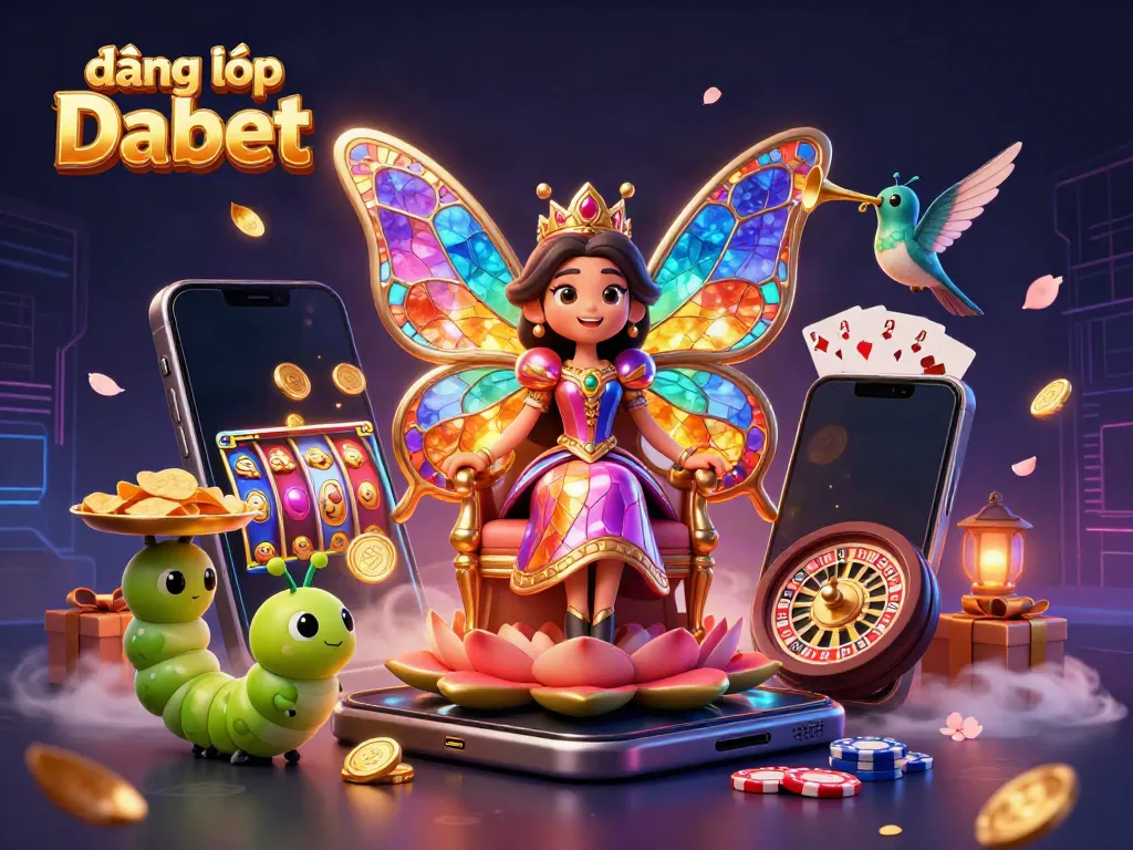 Join the fun with đăng nhập Dabet! Enjoy colorful casino adventures with a butterfly queen and joyous gaming elements.