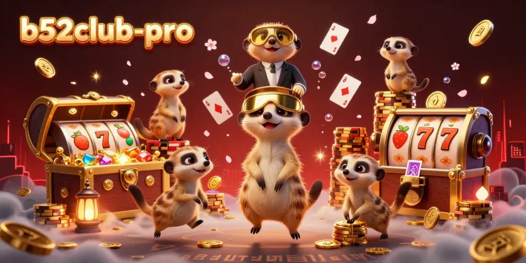 Experience the vibrant b52club-pro casino scene with meerkats running the operations and dynamic gaming elements.