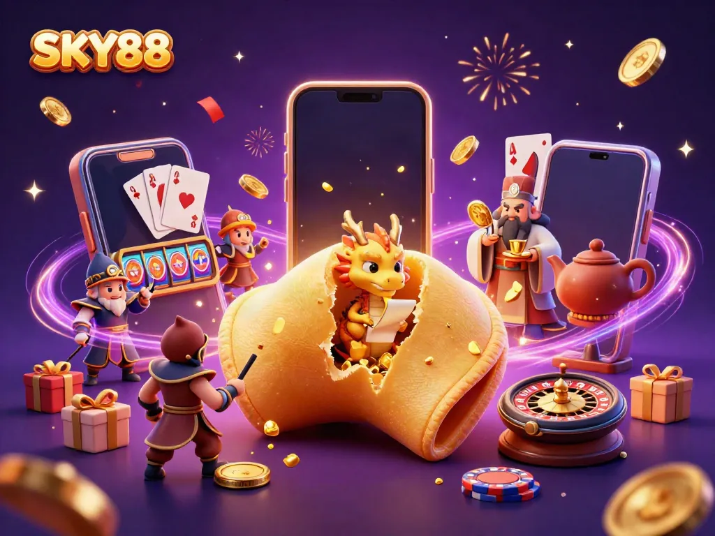 Experience the thrill of winning at SKY88 with a dynamic illustration featuring casino games and magical characters.