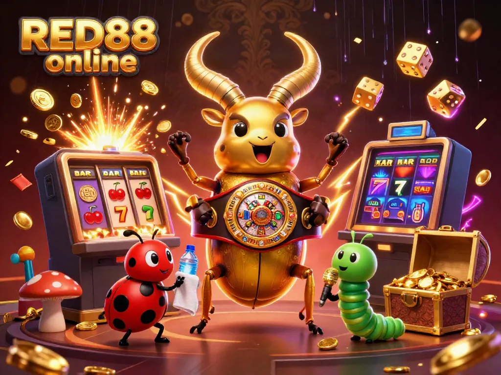 Engage with the thrilling atmosphere of RED88 online, showcasing vibrant casino elements and characters in action.