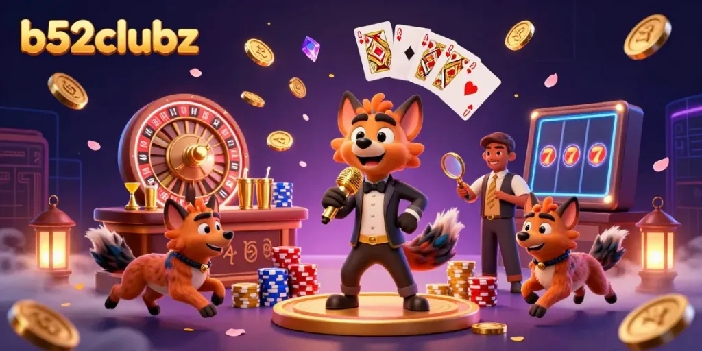 Experience the vibrant casino world of b52clubz with hyenas in a comedy club, surrounded by sparkling gems and golden coins.