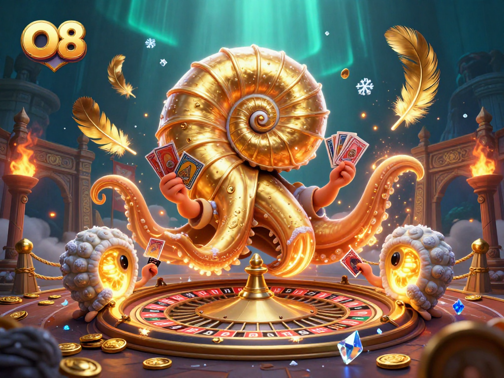 Experience the excitement of O8 with an ancient nautilus, roulette, and glowing casino elements.