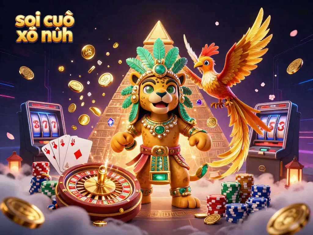 Soi cầu xổ số, illustrating a Mayan jaguar priest and quetzal bird with a vibrant casino atmosphere.