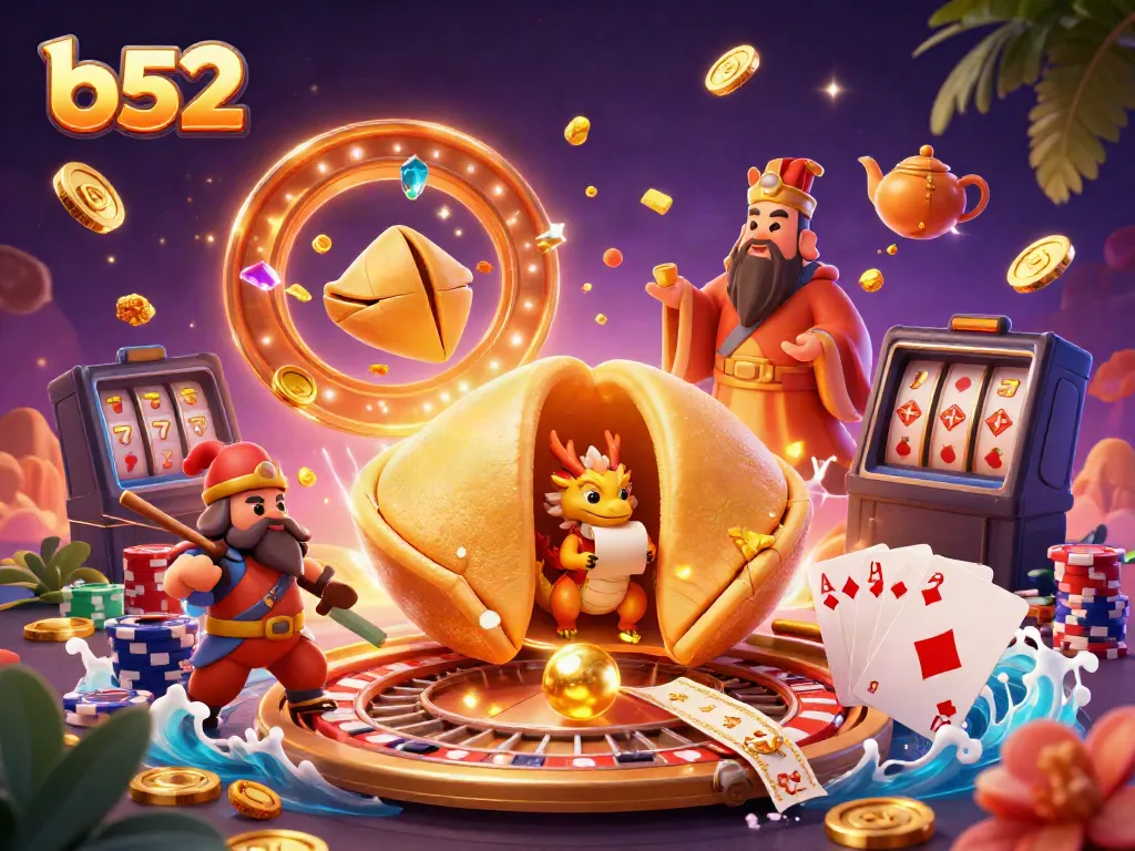 Experience the excitement of b52 with golden fortune cookies, wise dragons, and vibrant casino elements.
