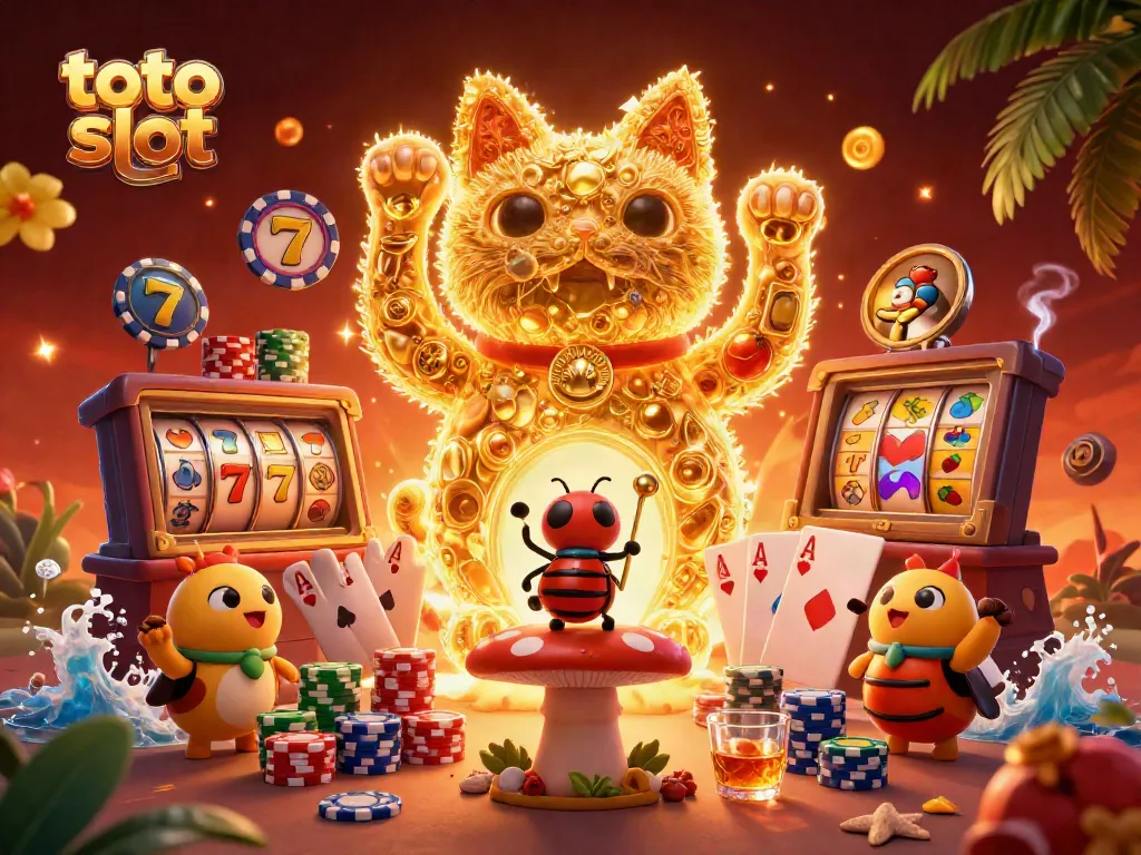 Engage with the dynamic toto slot scene featuring a golden lucky cat and vibrant casino symbols.