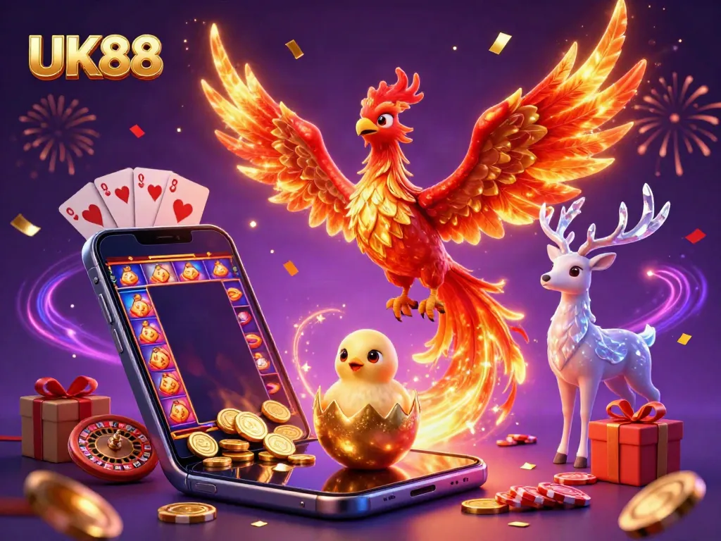 Experience thrilling betting and bonuses at UK88, highlighted by vibrant characters and casino elements in a colorful 3D scene.