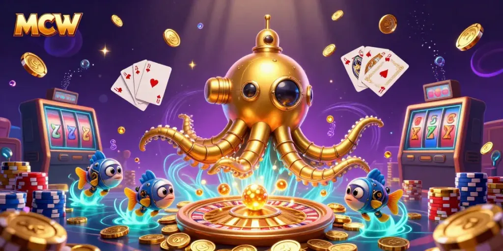 MCW showcases exciting gaming experiences with a golden kraken submarine and vibrant casino elements.