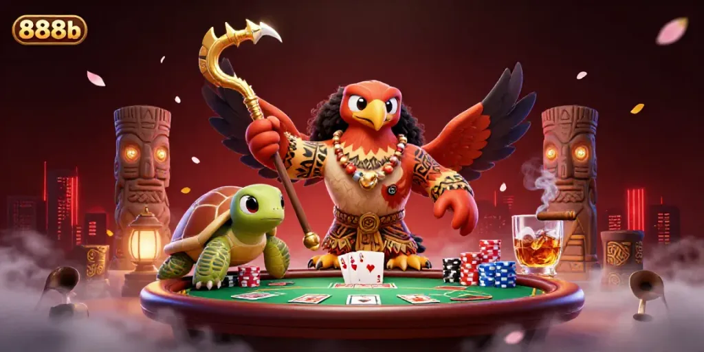 Join the adventure with 888b's Polynesian demigod and turtle as they play vibrant casino games.