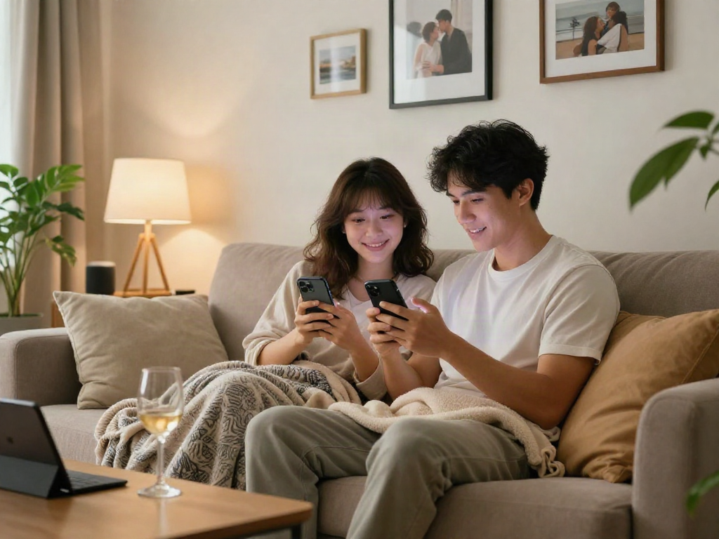 Couple enjoying ai sexting on smartphones in a cozy home environment, with intimate atmosphere and warm lighting.