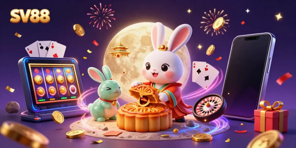 Play the SV88 casino games featuring a moon rabbit and jade companion enjoying golden mooncakes with poker chips.