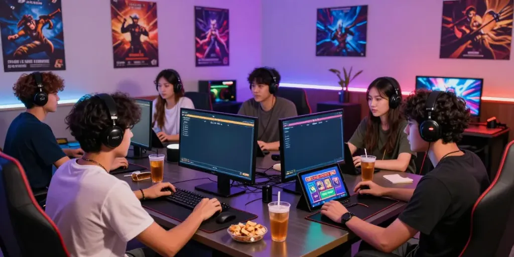 Exciting scene of young adults enjoying Seributoto daftar gaming session with Slot Gacor, Slot88, and Slot777.