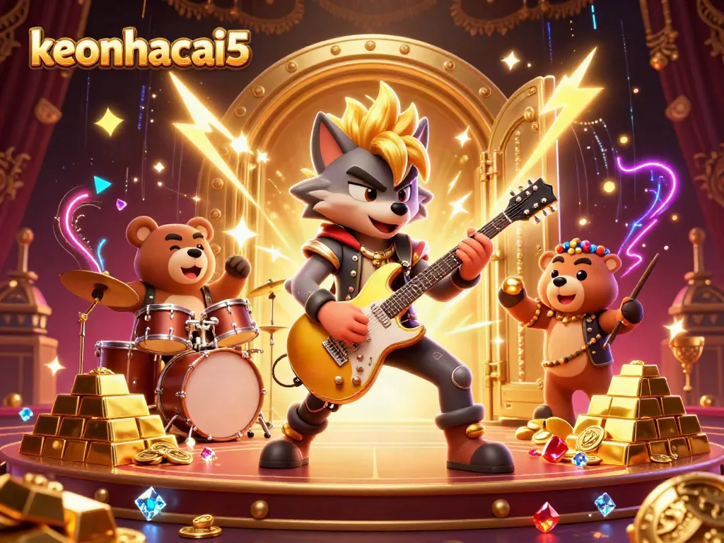 Vibrant scene showcasing keonhacai5 with a rock star wolf playing guitar and treasures in a lively casino.