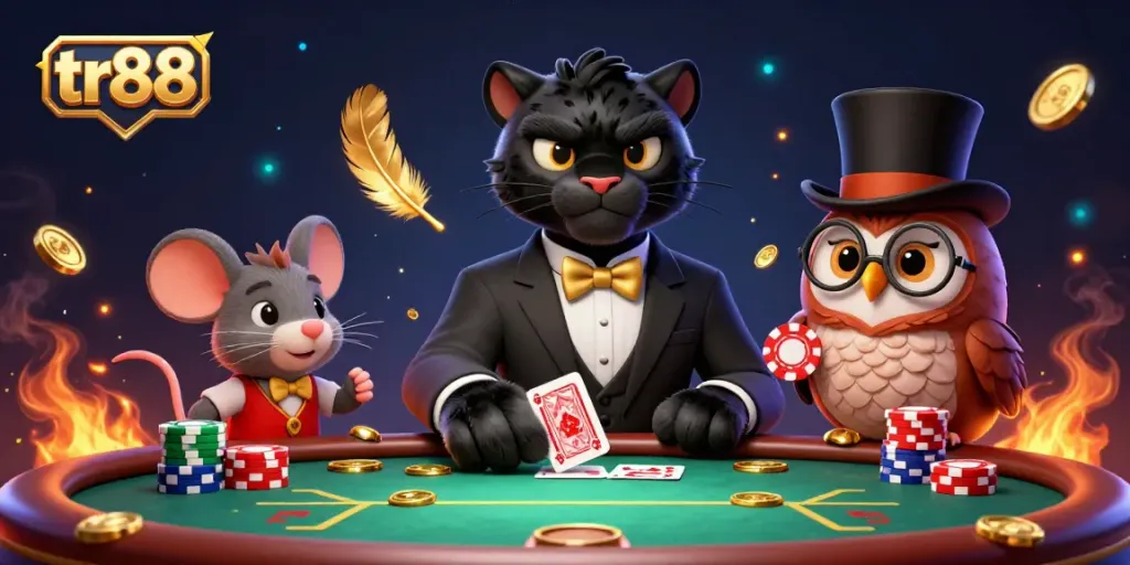Spin the wheel of fortune at tr88, with charming characters enjoying poker chips and cards.