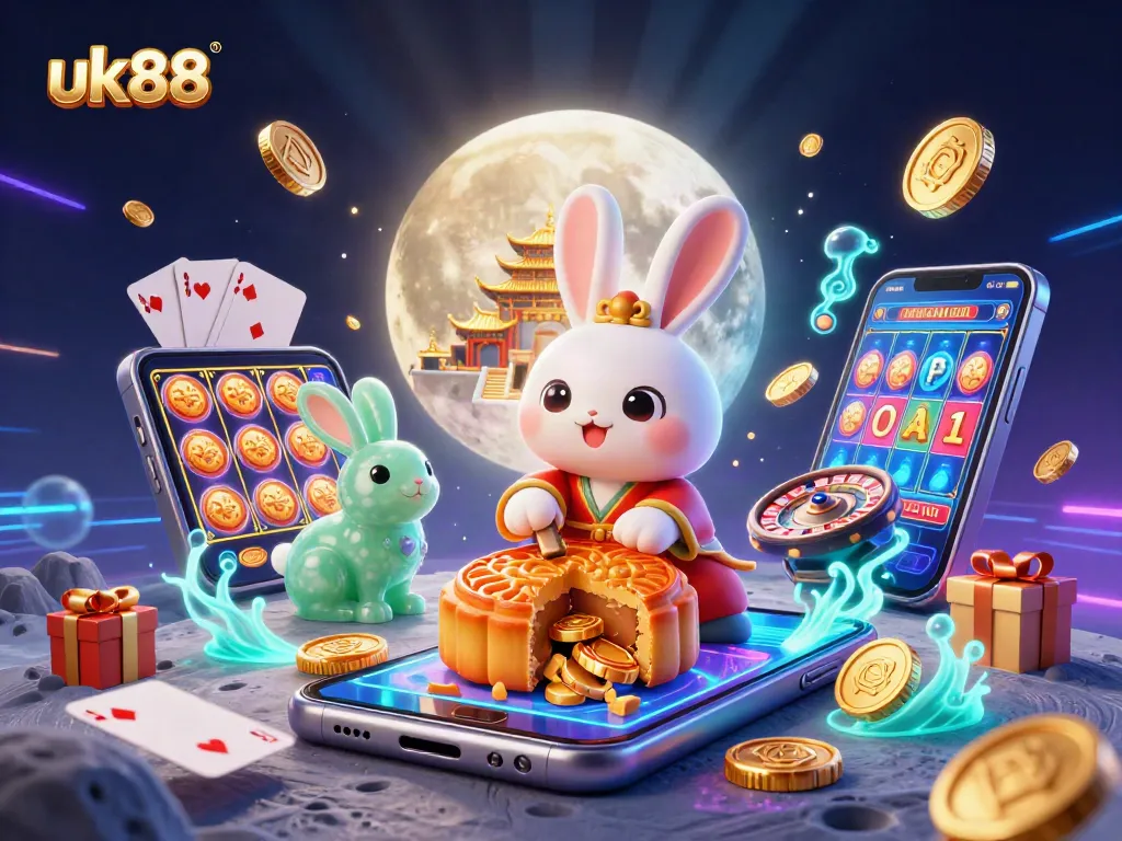Play and win at uk88 with a vibrant moon-themed casino illustrated scene featuring engaging game elements.