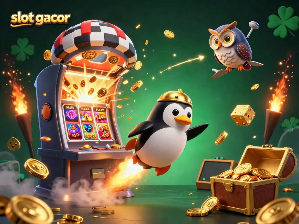 Experience slot gacor action with a golden penguin and casino-themed elements in a dynamic 3D illustration.