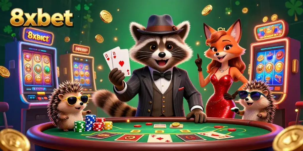 Engage with 8xbet's vibrant casino scene featuring a raccoon, a fox, and a hedgehog in a thrilling gaming atmosphere.