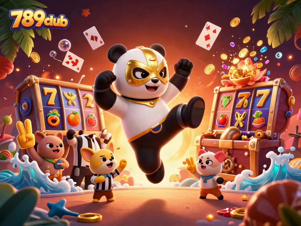 Experience the excitement of 789club with lively characters and vibrant casino elements in a dynamic illustration.