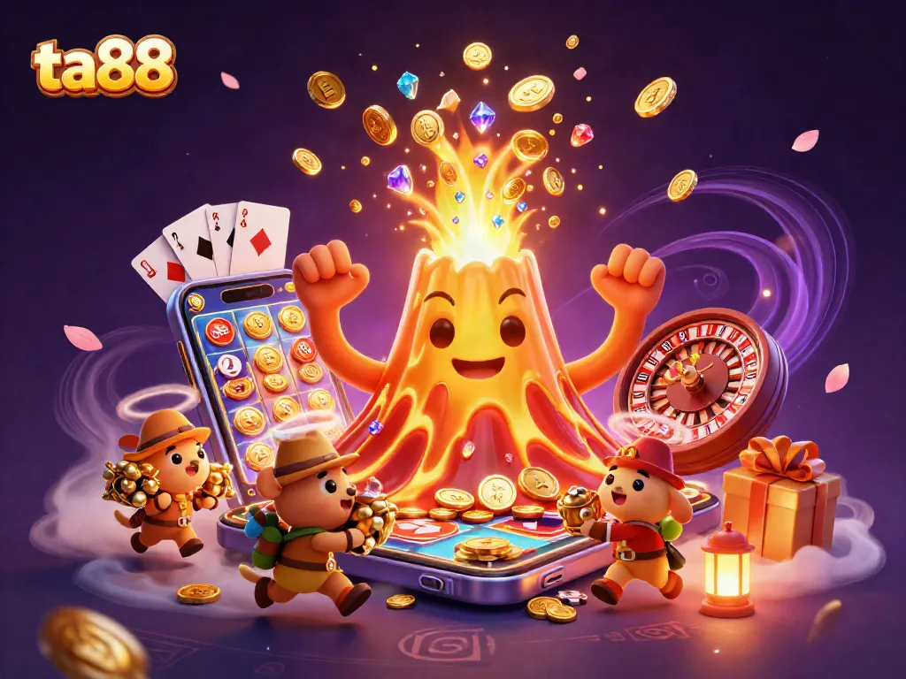 Engage in thrilling gaming experiences with ta88's vibrant casino-focused illustration featuring colorful slots and treasures.
