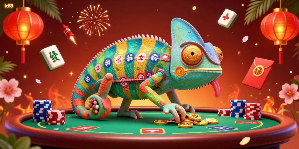 Experience thrilling gameplay at lc88 with a vibrant casino scene filled with poker elements and festive decorations.