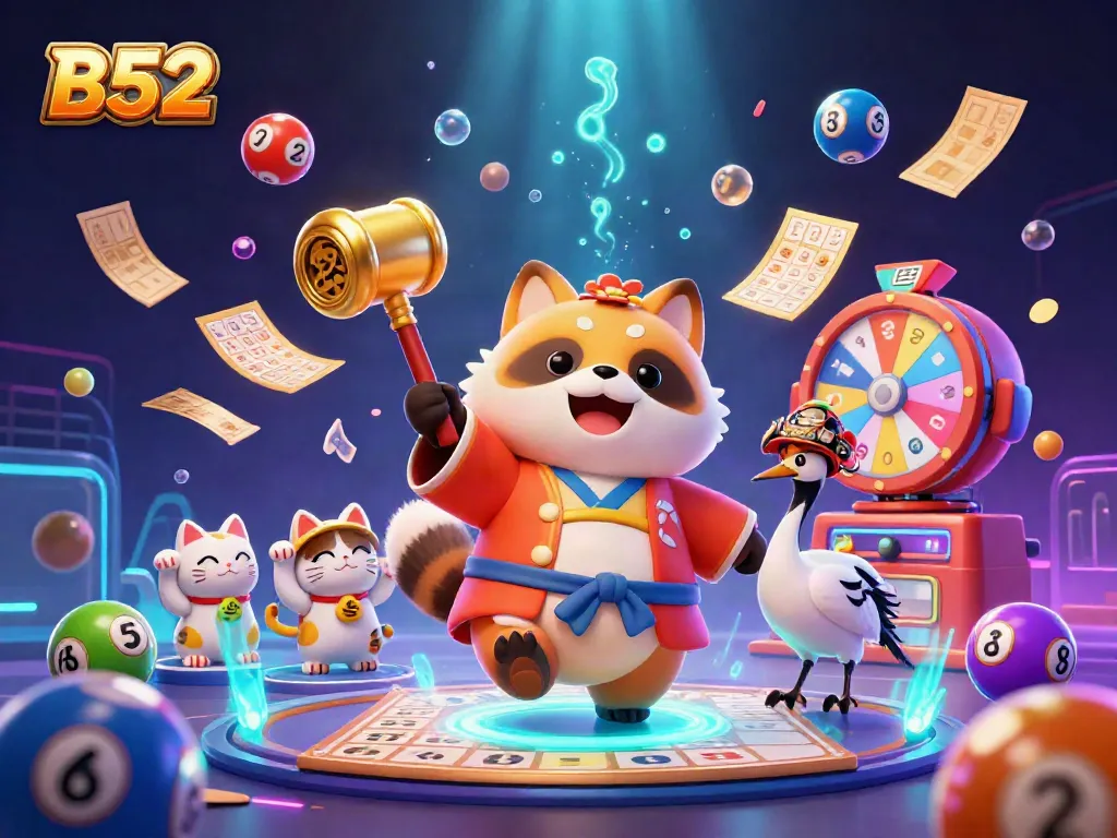 Experience thrilling moments with B52 in a vibrant 3D casino scene full of games and luck.
