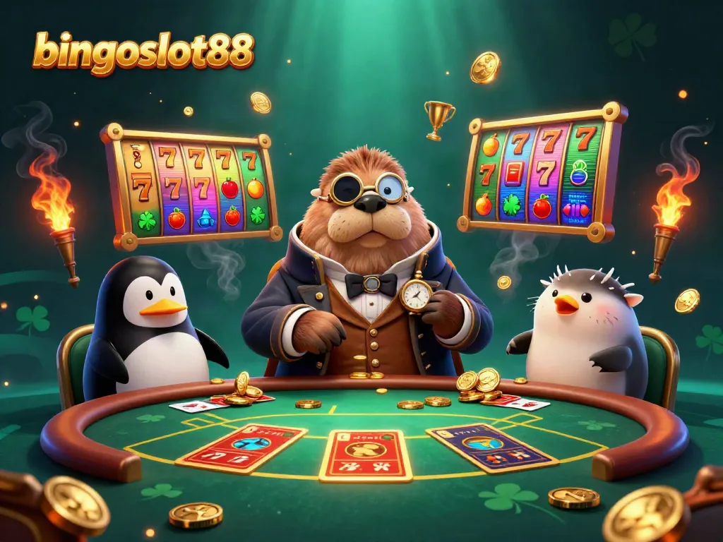 Gambarlah bingoslot88 di mana walrus jolly bermain poker bersama dealer penguin dan pufferfish.