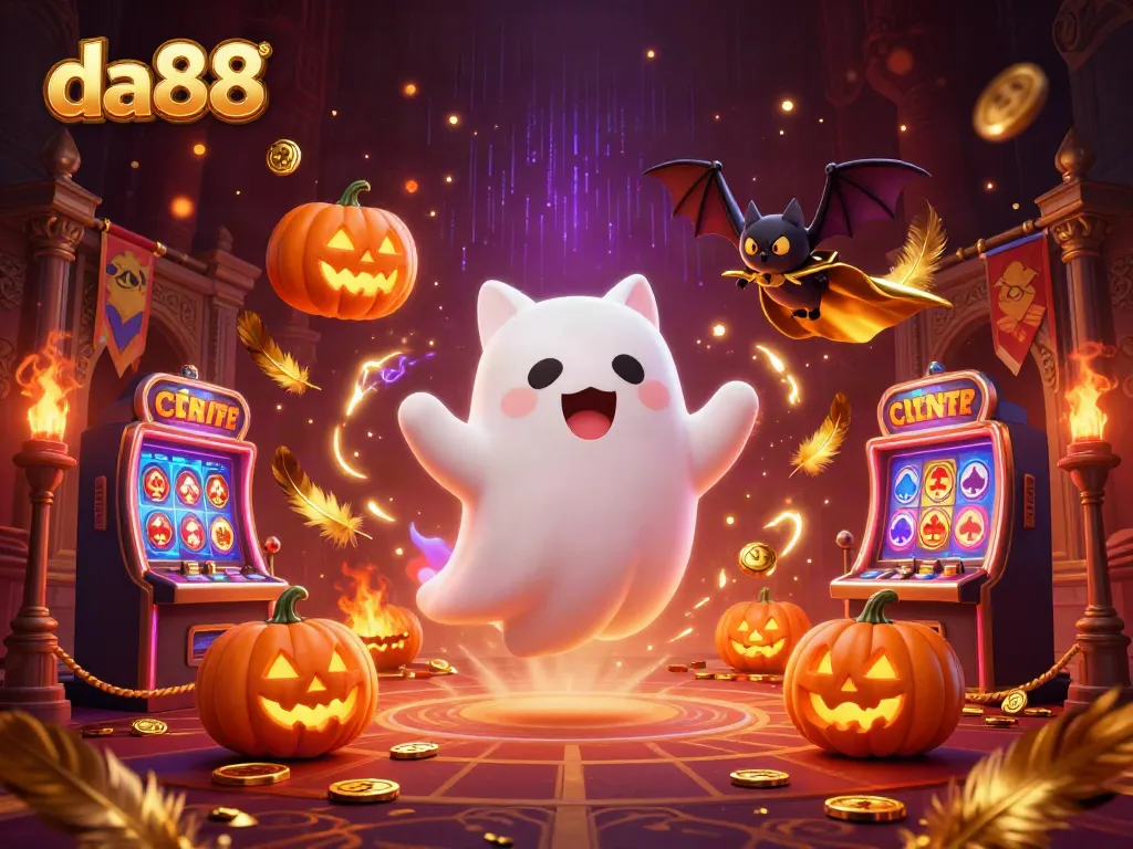Experience the excitement of da88 with a ghost cat and golden bat in a vibrant casino scene.