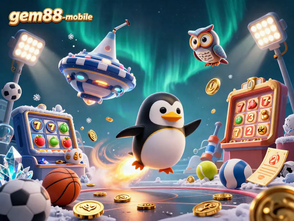 Spin slots and win big with gem88-mobile, showcasing a penguin and casino-themed elements in dynamic 3D.