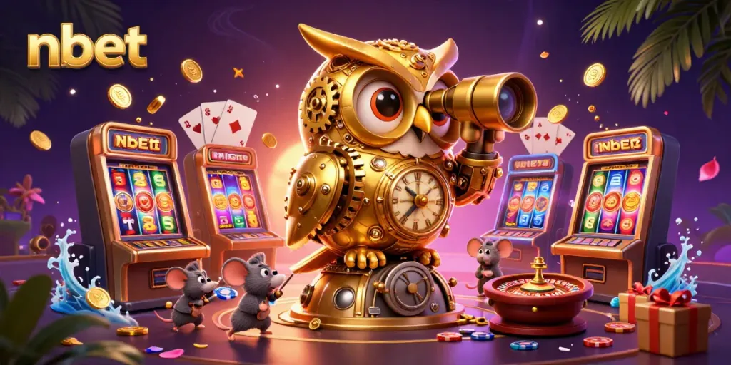 Engage with nbet gaming experience featuring a cartoon golden owl and dynamic casino atmosphere.
