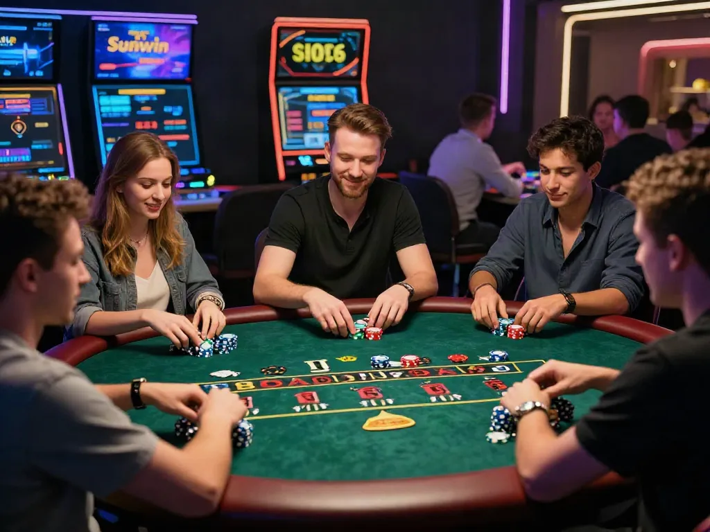Players enjoying the Sunwin online gaming experience with vibrant tables and engaging atmosphere.