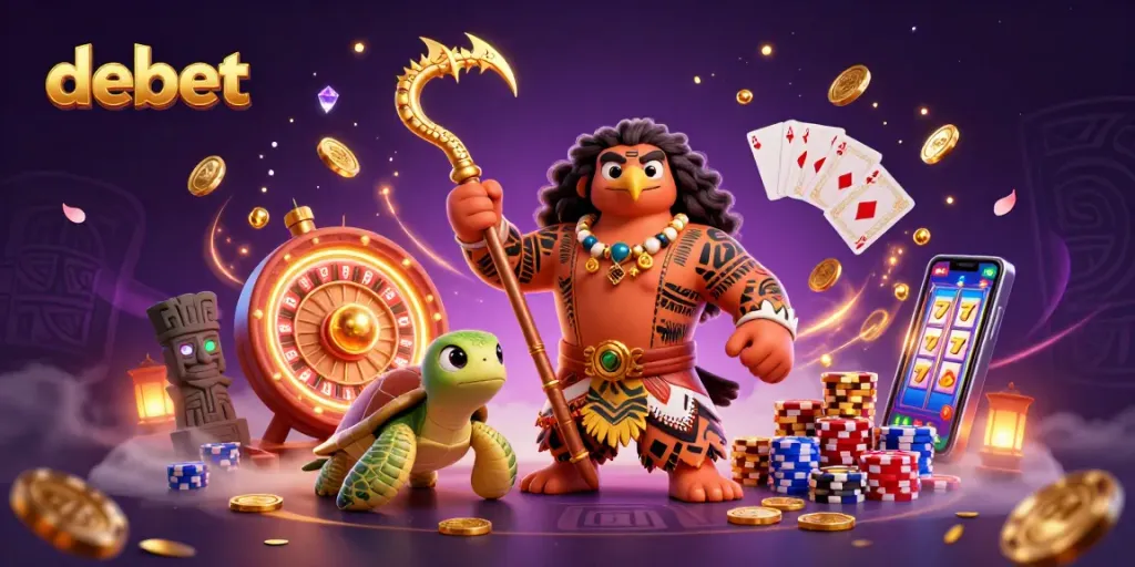 Experience the thrill of debet gaming with vibrant casino elements and mystical characters in this captivating illustration.