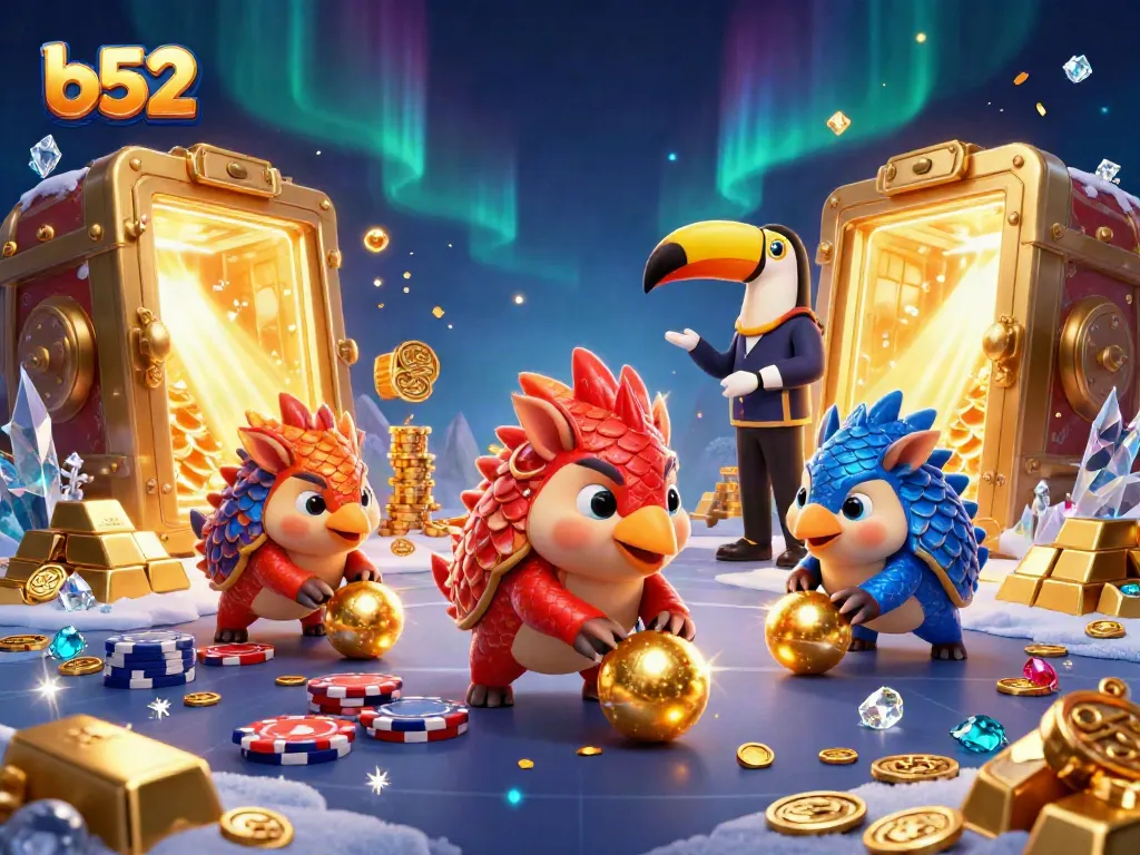 Experience b52 excitement with pangolins bowling golden balls in a lively casino scene.