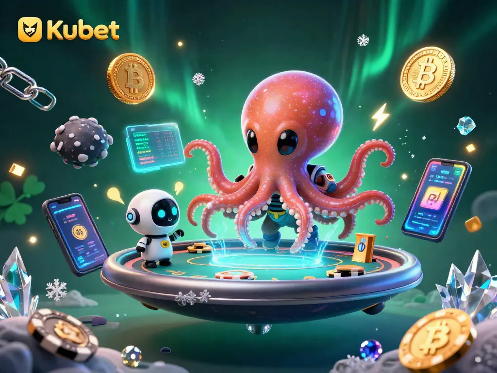 Kubet showcases an alien octopus playing poker, enriched with blockchain elements in a vibrant cosmic setting.