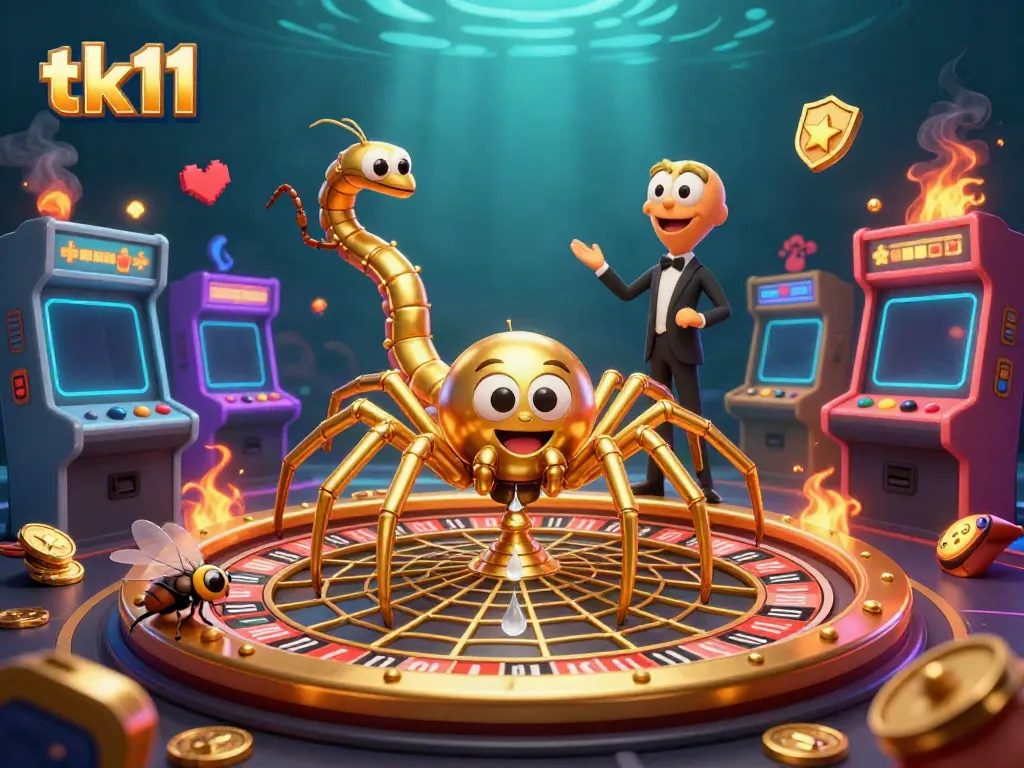 Engaging scene of tk11 with a golden spider and centipede croupier in a casino-themed illustration.
