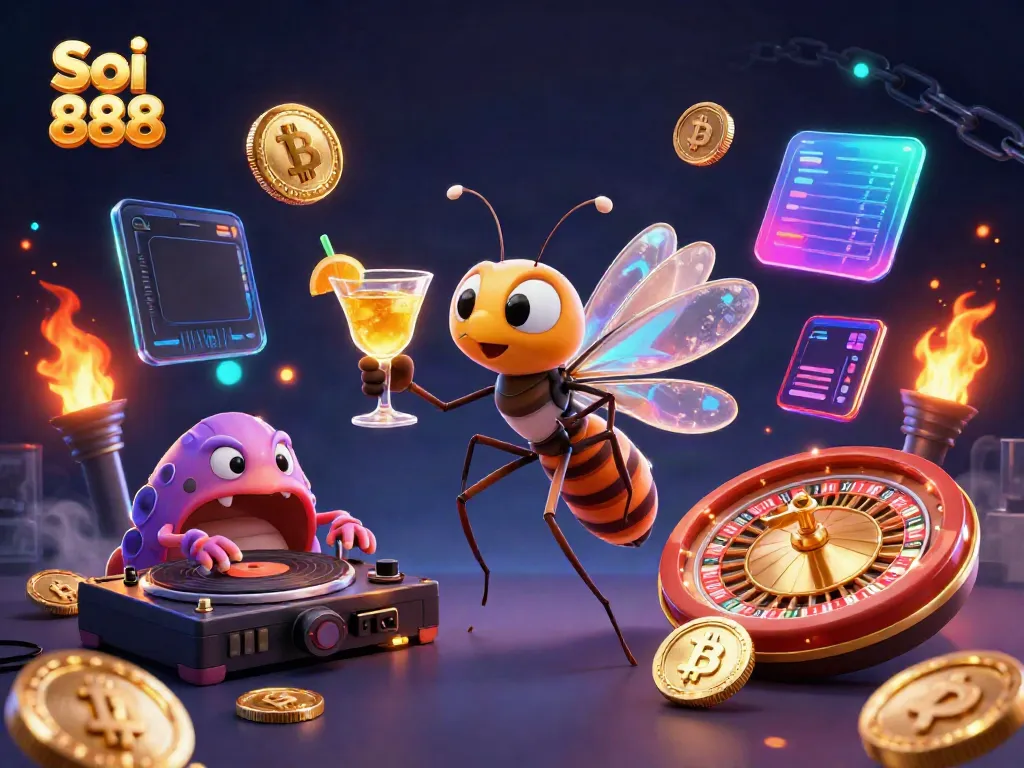 Soi cầu 888 showcases a vivid 3D illustration featuring a mosquito casino mascot, a trilobite DJ, and a golden roulette wheel.