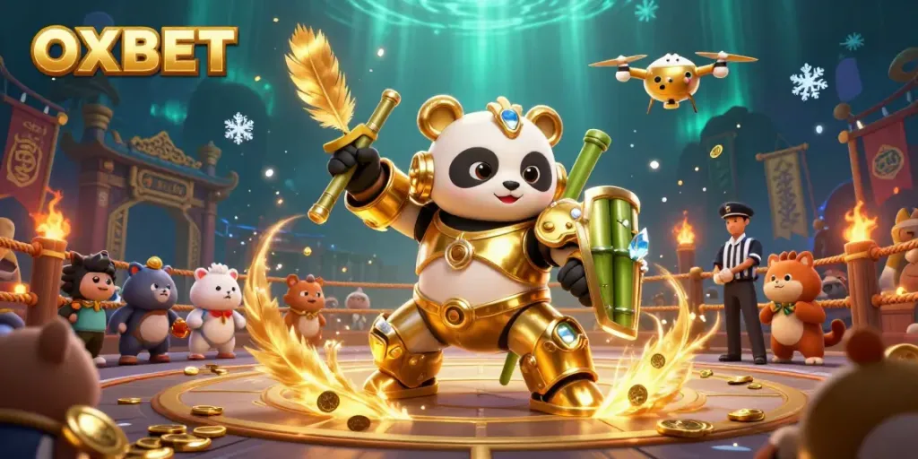 Experience thrilling OXBET gameplay with a golden panda piloting a bamboo robot in a vibrant gaming arena.