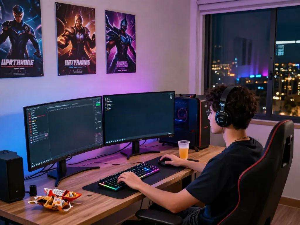 Kilat404 gaming setup showing a user immersed in a dynamic online game, with advanced peripherals and ambient lighting.