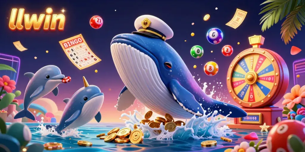 Engage in thrilling gaming at llwin with a vibrant scene of a cartoon whale and dolphins amidst coins and poker chips.