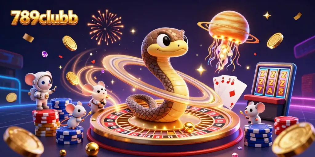 Immerse in 789clubb's excitement with astronaut mice betting on a cosmic roulette in a vibrant 3D casino scene.