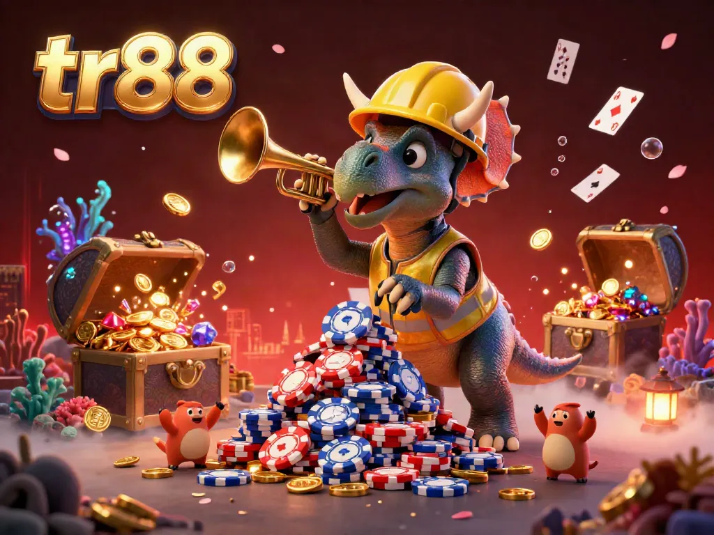 Engage with tr88 through a festive illustration of a triceratops building poker chips in a lively casino.