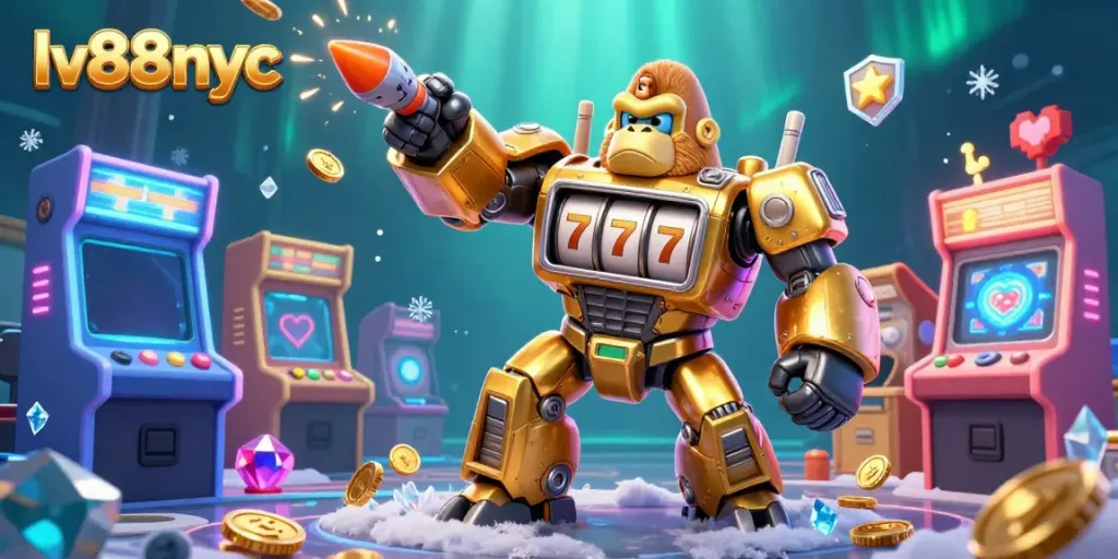 Experience thrilling action at lv88nyc with a golden gorilla mech and arcade-style games.
