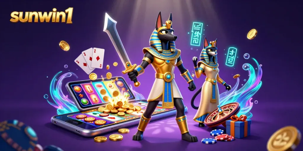 Experience sunwin1's thrilling slots with a mesmerizing Anubis and Bastet in a vivid casino scene.