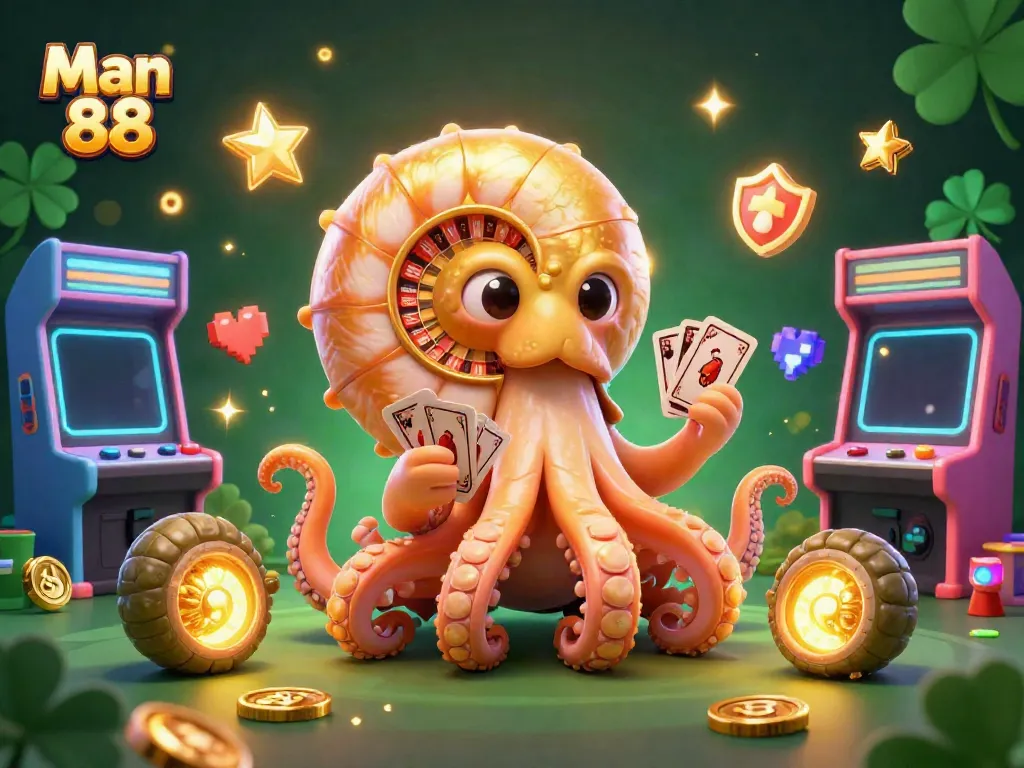 Experience the thrill of casino games with Man 88, featuring a giant nautilus and vibrant gaming elements.
