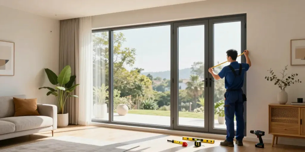 Kusen uPVC installation in a modern home with a technician ensuring precise fitting.