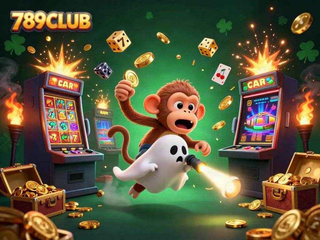 Join the excitement at 789CLUB with a mischievous monkey and a curious puppy in a haunted casino scene.
