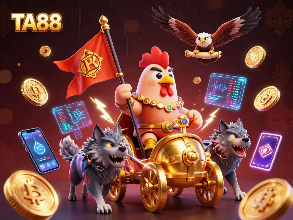 TA88 gamers experience action with a rooster warlord in a golden chariot amid crypto elements.