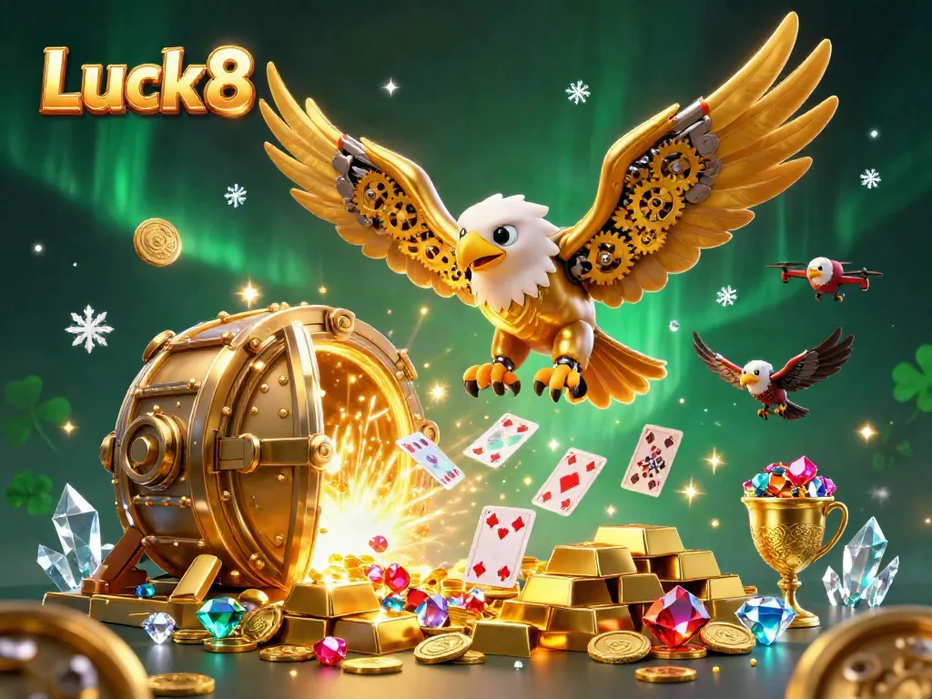Experience thrilling action at Luck8 as the golden eagle dives through a vibrant cascade of cards and treasures.