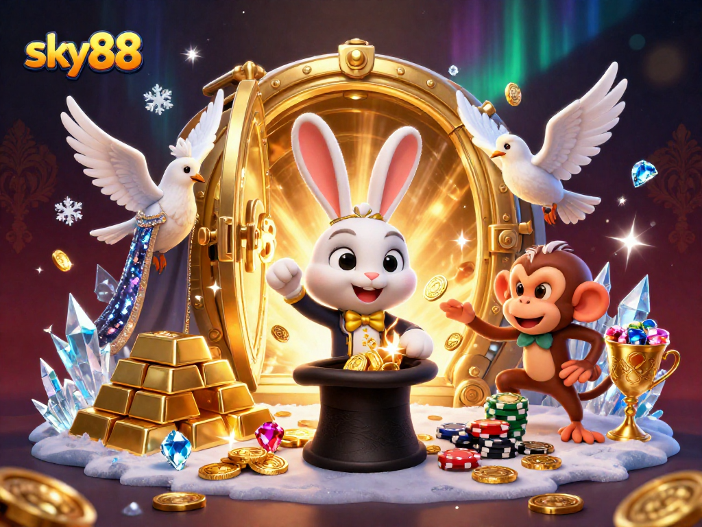 Experience the magic of sky88 with a thrilling casino scene featuring vibrant characters and dazzling gold.